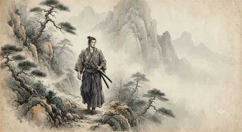 Ilustración estilizada de un ronin caminando solo por un sendero montañoso