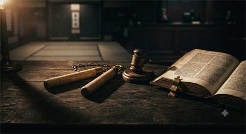Nunchakus de madera sobre una mesa junto a un código legal antiguo