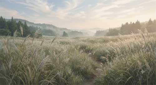 Paisaje campestre japonés con brisa moviendo hierba alta y nubes ligeras, luz difusa de tarde, sensación de movimiento suave y transparencia atmosférica