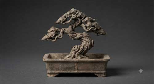 Modelo funerario de cerámica Han mostrando un árbol en miniatura dentro de un recipiente