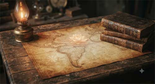 Viejo mapa de América Latina con símbolos budistas sutiles superpuestos, libros antiguos y luz cálida