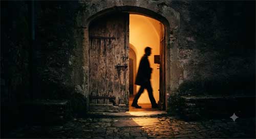 Puerta antigua de madera entreabierta revelando luz cálida interior, silueta de persona cruzando el umbral