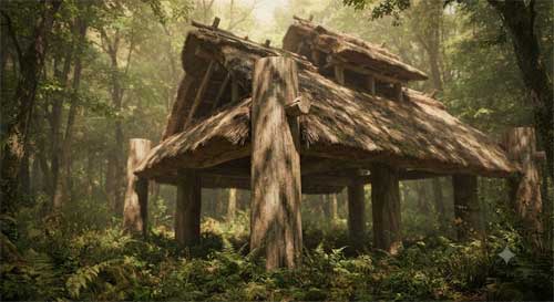 Reconstrucción de estructura monumental Jōmon con postes de castaño gigantes y techo de paja en entorno boscoso verde, luz natural filtrada entre árboles, atmósfera de armonía entre arquitectura humana y bosque templado