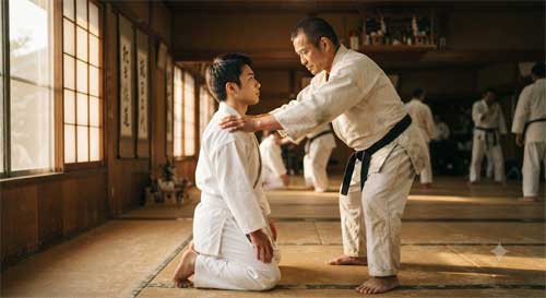 Un practicante avanzado corrigiendo suavemente la postura de un principiante en el dojo