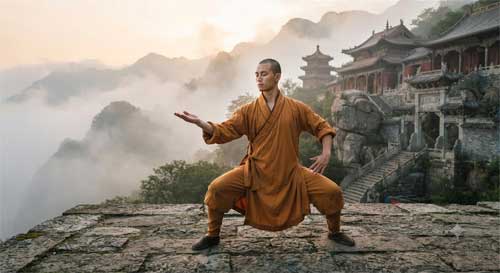 Monje Shaolin en postura equilibrada de artes marciales con expresión serena