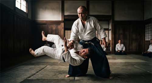 Maestro de aikido ejecutando una técnica precisa y controlada en un dojo tradicional