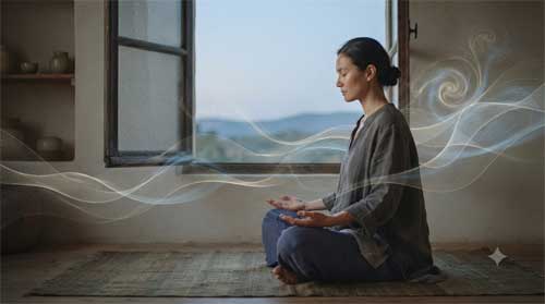 Persona sentada en silencio junto a ventana abierta, ojos cerrados, rodeada de ondas sonoras sutiles representadas como líneas fluidas translúcidas