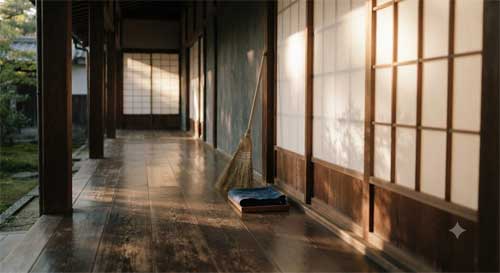 Escena serena de limpieza soji en un templo budista con luz natural suave