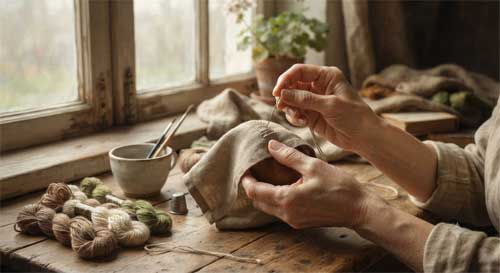 Manos femeninas realizando tarea doméstica cotidiana junto a ventana con luz natural, objetos simples y textura de tela, atmósfera de dignidad silenciosa
