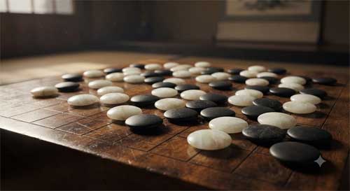 Tablero de madera antiguo con piedras de Go blancas y negras dispuestas en una partida