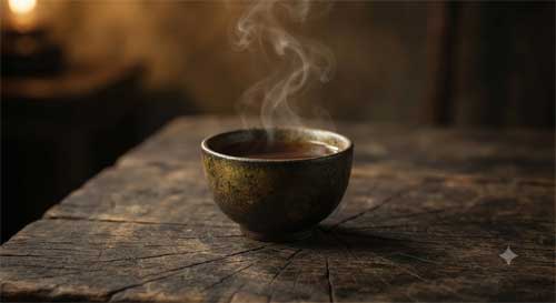 Taza de té humeante sobre mesa de madera rústica, con grietas sutiles en la superficie que sugieren temblor, luz cálida y atmósfera de serenidad inquebrantable