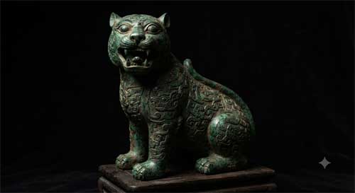 Recipiente de bronce Shang con forma de tigre detallado y ornamentado