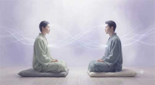 Dos figuras sentadas frente a frente en silencio absoluto, conexión invisible de energía entre ellas, fondo minimalista