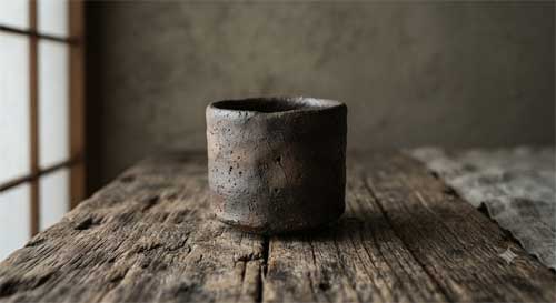 Taza de cerámica rústica con esmalte irregular y una pequeña grieta visible