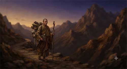 Monje peregrino con bastón y fardo caminando por paisaje montañoso al atardecer, tonos ocres y violetas, atmósfera de determinación serena