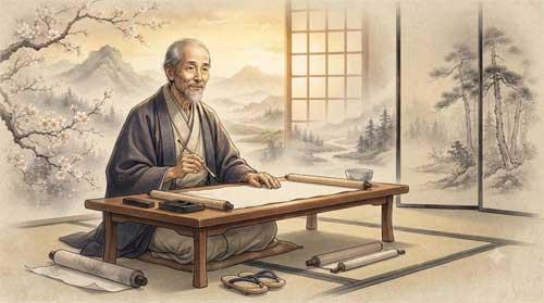 Retrato artístico de Yosa Buson con pincel y pergamino, estilo pictórico japonés
