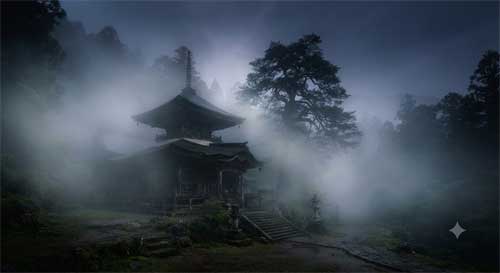 Paisaje japonés con montañas envueltas en bruma y luz tenue