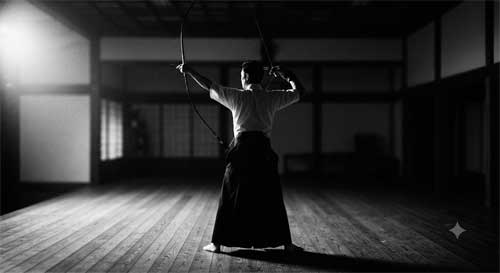 Silueta de un arquero de Kyudo manteniendo la postura tras soltar la flecha