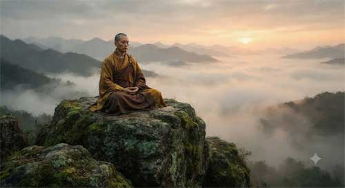 Monje meditanto en postura loto sobre roca en cima montañosa al amanecer, niebla suave y luz dorada emergente, atmósfera de serenidad disciplinada