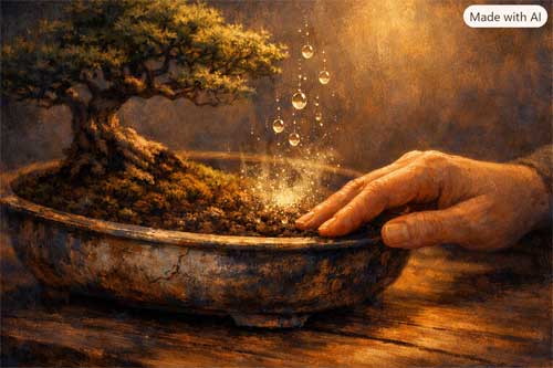 Composición contemplativa en tonos índigo, terracota cálido y dorado suave: maceta cerámica envejecida sobre madera; mano toca suavemente la superficie del suelo como leyendo braille; gotas de agua flotan en el aire capturando luz dorada; partículas translúcidas de humedad se disuelven en la tierra