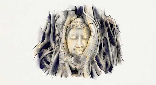 Ilustración simbólica de una estatua de Buda antigua parcialmente cubierta por raíces de árbol, con una luz suave que emerge de las grietas, representando la resiliencia del budismo camboyano