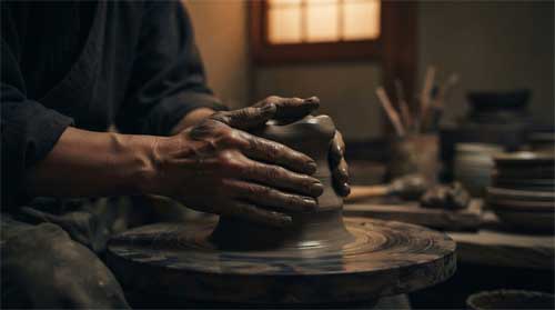 Manos de artesano moldeando arcilla en torno con concentración absoluta, luz tenue resaltando textura y movimiento fluido, atmósfera de flujo y ausencia de ego