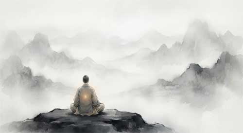 Silueta de un meditador sentado en postura de loto frente a una vasta montaña neblinosa, simbolizando la soledad y la firmeza de la práctica individual