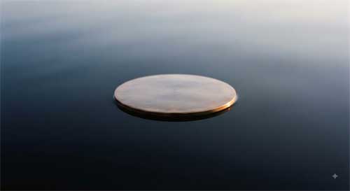 Disco de bronce pulido sobre agua quieta reflejando cielo y profundidad sin separación