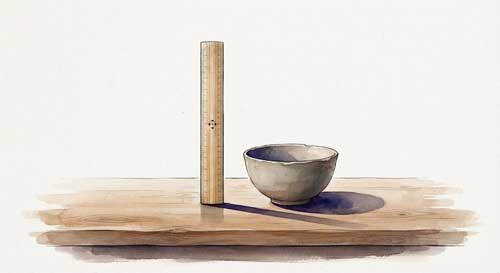 Ilustración simbólica de una regla de bambú recta y firme junto a un cuenco de mendicante, representando la estructura ética y la simplicidad de la vida monástica renovada