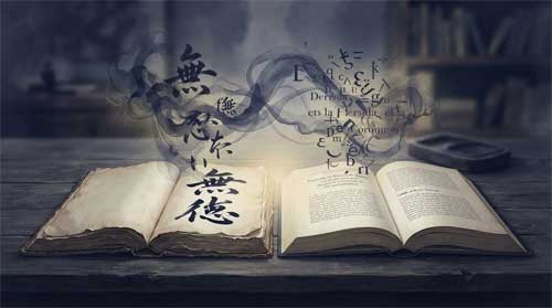 Composición contemplativa en tonos índigo, gris carbón y dorado apagado: escritorio de madera desgastada con libro abierto de caligrafía zen japonesa junto a texto moderno de teoría crítica; encima flotan capas translúcidas de tinta y fragmentos tipográficos deconstruidos en diálogo mutuo, disolviéndose parcialmente en niebla; luz dorada suave brota del espacio entre ambos textos