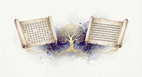 Ilustración simbólica de manuscritos antiguos entrelazados con raíces de un árbol Bodhi, representando la conexión entre los textos chinos y pali