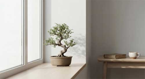 Pequeño árbol bonsai situado en el alféizar de una ventana iluminada, simbolizando la integración de la naturaleza en miniatura en el hogar