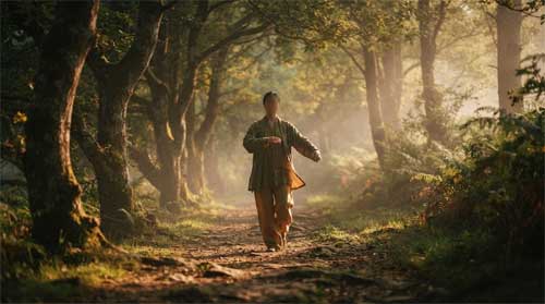 Silueta suave de persona practicando caminata taichi en sendero boscoso al amanecer, luz dorada filtrándose entre árboles, atmósfera serena y etérea