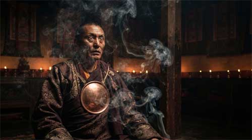 Monje oráculo tibetano en estado de trance ritual, vestido con indumentaria ceremonial pesada y espejo en el pecho, rodeado de incienso y luz tenue en templo oscuro