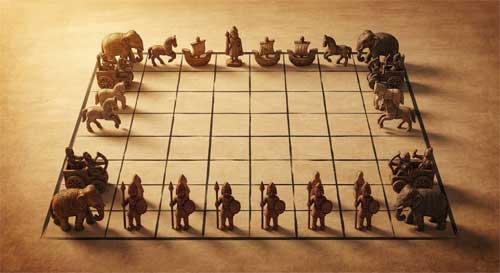 Tablero de Chaturanga con piezas talladas representando elefantes, carros, caballos e infantería