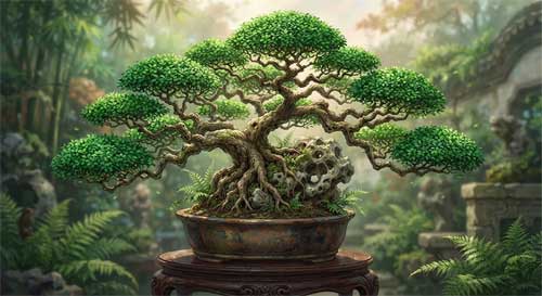 Un bonsái de estilo Lingnan con ramas finas y zigzagueantes (rama de ciervo), follaje denso y compacto, mostrando la técnica de poda severa típica de Guangdong