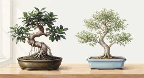 Composición elegante de un Ficus retusa con raíces aéreas prominentes junto a un delicado Olmo chino, representando los clásicos del bonsai de interior