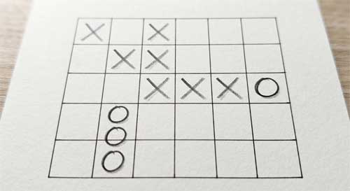 Tablero de Cờ Ca Rô con cuadrícula ampliada y marcas X y O mostrando una estrategia compleja de bloqueo