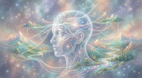 Ilustración surrealista de una cabeza humana transparente de la cual emanan hilos de luz que forman paisajes externos, montañas y ríos, simbolizando que la realidad es proyección de la conciencia, colores etéreos y suaves
