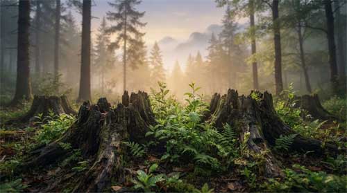 Montaña boscosa al amanecer con brotes verdes emergiendo entre tocones, luz dorada suave filtrándose, atmósfera de renacimiento y esperanza serena