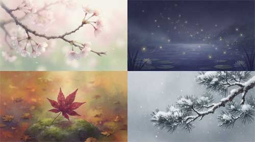 Composición dividida en cuatro cuadrantes sutiles: cerezo primaveral, luciérnagas estivales, arce otoñal y nieve invernal, transición suave entre estaciones, atmósfera contemplativa