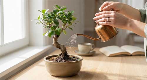 Mano regando suavemente un bonsai con una regadera de pico fino, simbolizando el cuidado diario y la atención consciente