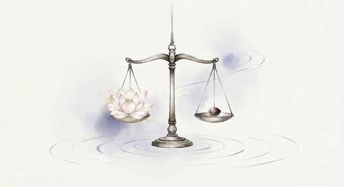 Ilustración simbólica de una balanza antigua equilibrada sobre una flor de loto, representando la intersección entre la justicia ética y la compasión espiritual