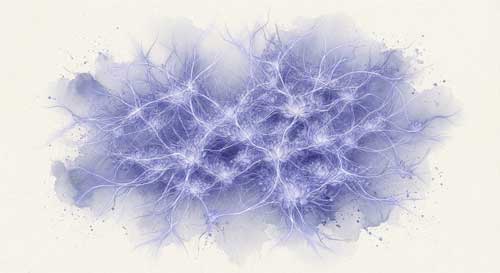 Ilustración abstracta de una red neuronal luminosa que se transforma sutilmente en pétalos de loto, simbolizando la transformación de la conciencia kármica en sabiduría pura