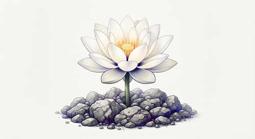 Ilustración simbólica de una flor de loto blanca emergiendo con fuerza entre piedras grises, representando la resiliencia y el renacimiento del linaje femenino