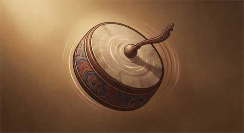 Tambor Dhyangro nepalés con baqueta, mostrando detalles ornamentales y vibración sonora