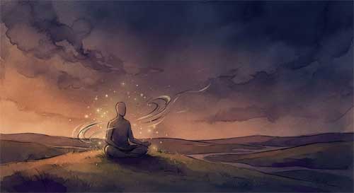 Representación artística estilizada de una figura solitaria en un paisaje crepuscular, simbolizando la libertad espiritual y la realización directa de Saraha