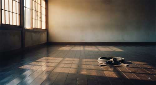 Suelo vacío de dojo al amanecer con cinturón negro doblado simbolizando introspección y humildad