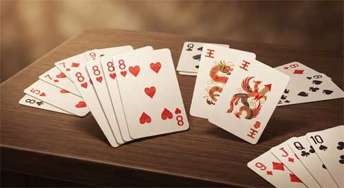 Manos de cartas chinas mostrando combinaciones de Dou Dizhu, con un jugador destacado como el Terrateniente
