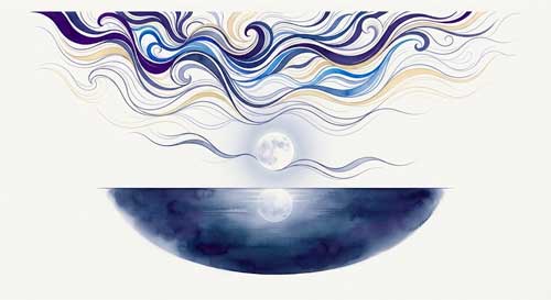 Ilustración simbólica de ondas mentales que se calman progresivamente hasta convertirse en un espejo perfecto y vacío, reflejando la luna, simbolizando la transición del análisis a la claridad